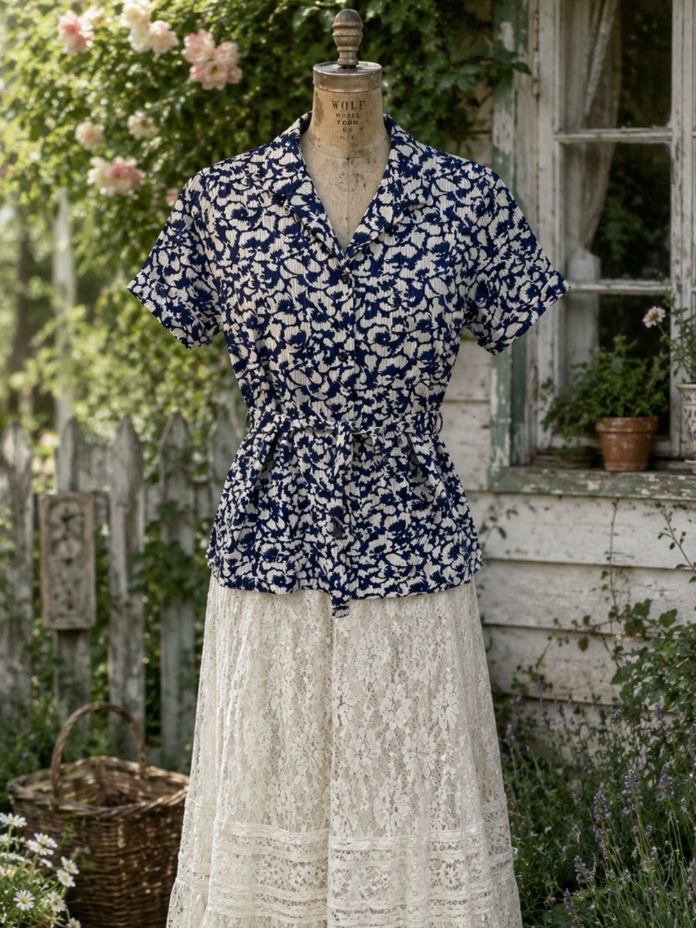 Vintage 1970s Hawaiian Blue & White Tropical hibiscus floral, tie waist blouse